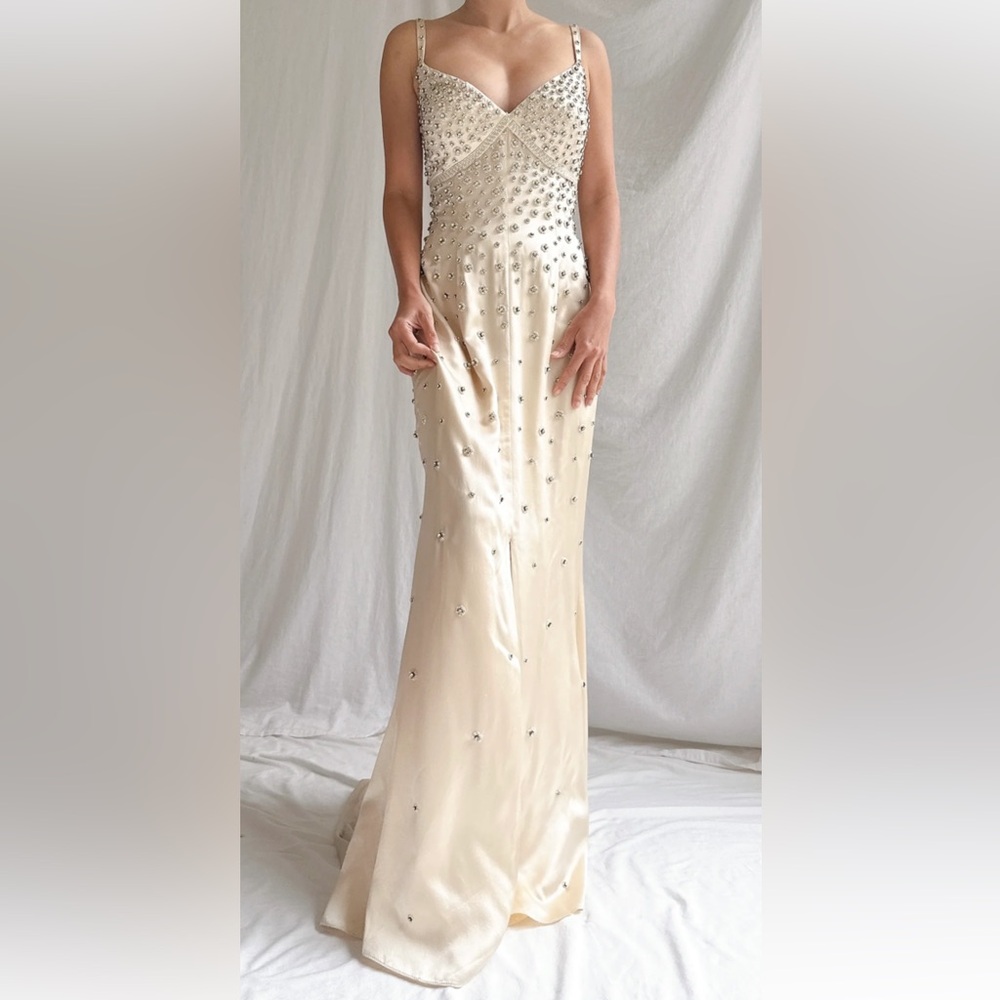 Jovani Cream Beaded Gown- Shop Gossamer